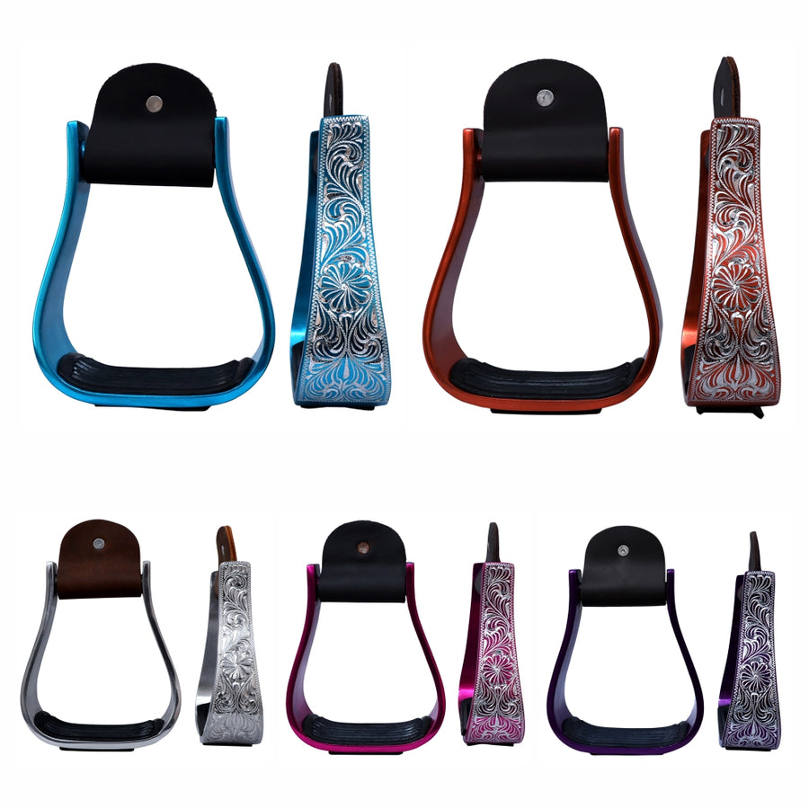 Hilason Western Aluminum Horse Riding Stirrups – Engraved Floral Design with Rubber Tread