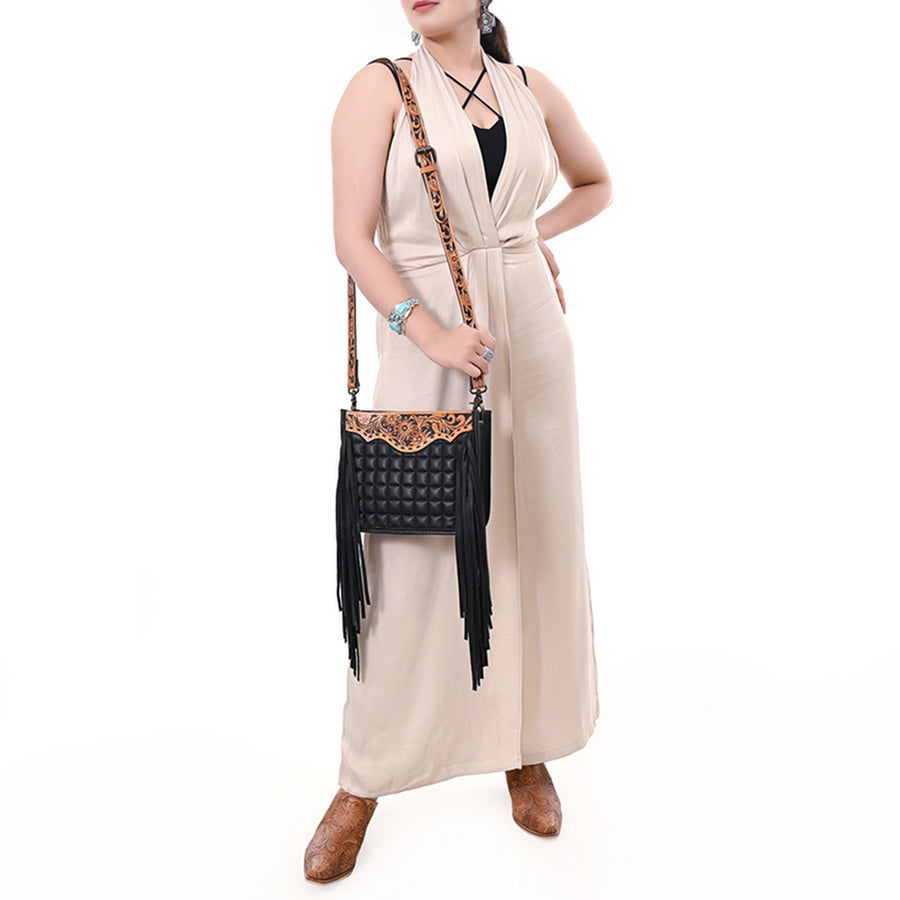 American Darling Black Genuine Leather Crossbody Bag with Hand-Tooled Panel, Fringe Accents, Durable Strap & YKK Zipper