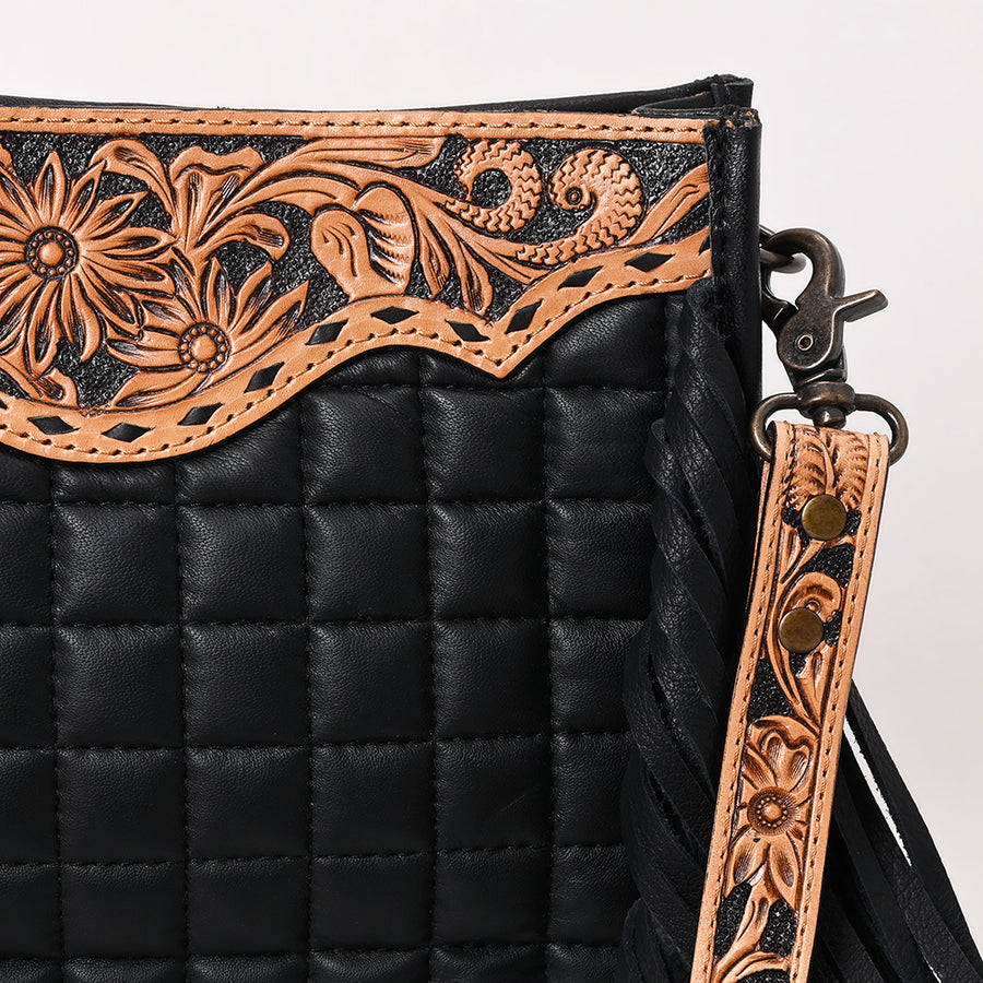 American Darling Black Genuine Leather Crossbody Bag with Hand-Tooled Panel, Fringe Accents, Durable Strap & YKK Zipper