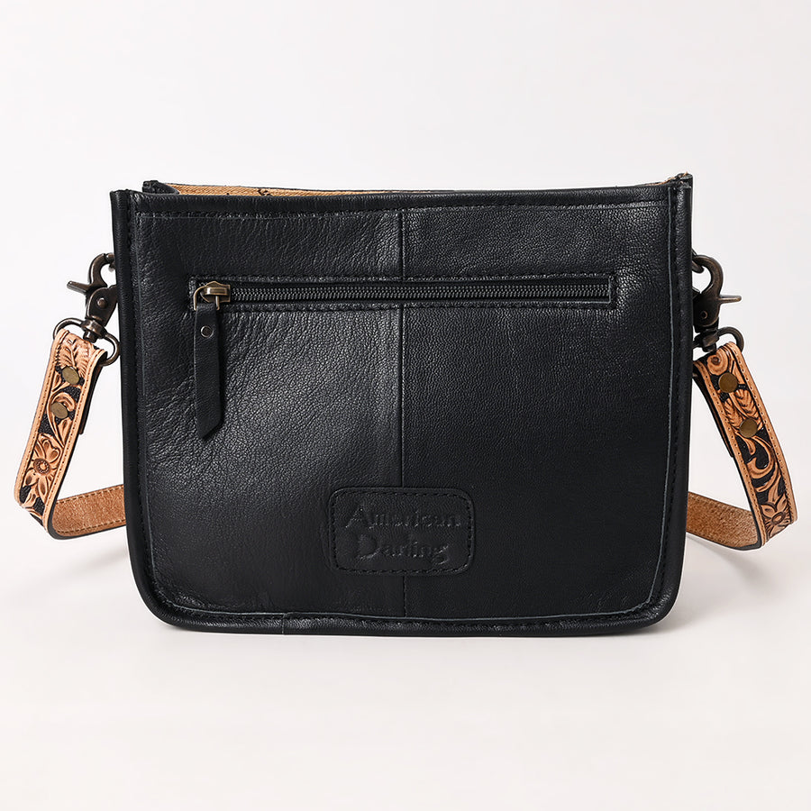 American Darling Black Genuine Leather Crossbody Bag with Hand-Tooled Panel, Fringe Accents, Durable Strap & YKK Zipper