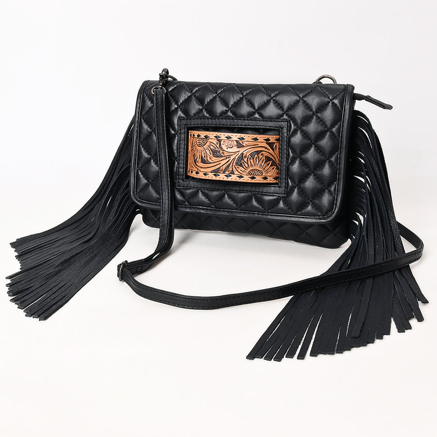 American Darling Quilted Genuine Leather Wallet Bag with Fringe and Hand-Tooled Panel - Hilason