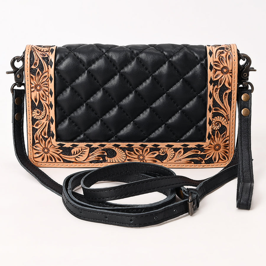 American Darling Handcrafted Western Leather Crossbody Bag - Quilted Design with Floral Tooled Panel - Genuine Leather
