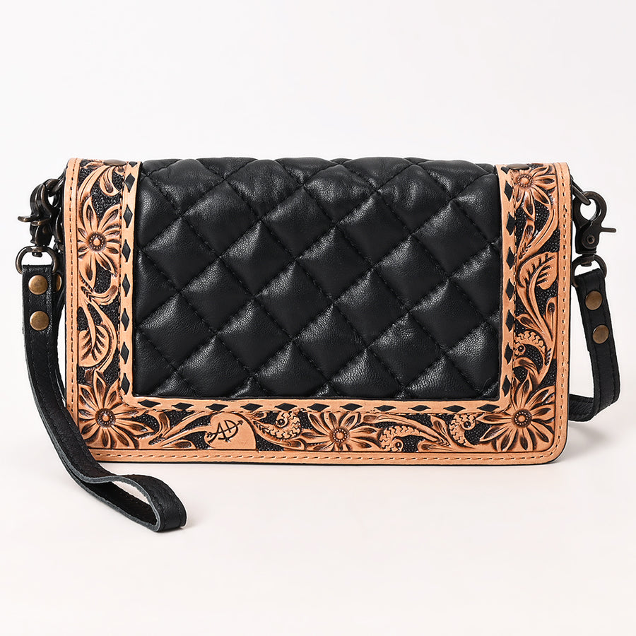 American Darling Handcrafted Western Leather Crossbody Bag - Quilted Design with Floral Tooled Panel - Genuine Leather