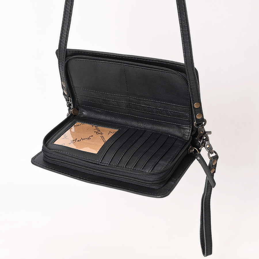 American Darling Handcrafted Western Leather Crossbody Bag - Quilted Design with Floral Tooled Panel - Genuine Leather