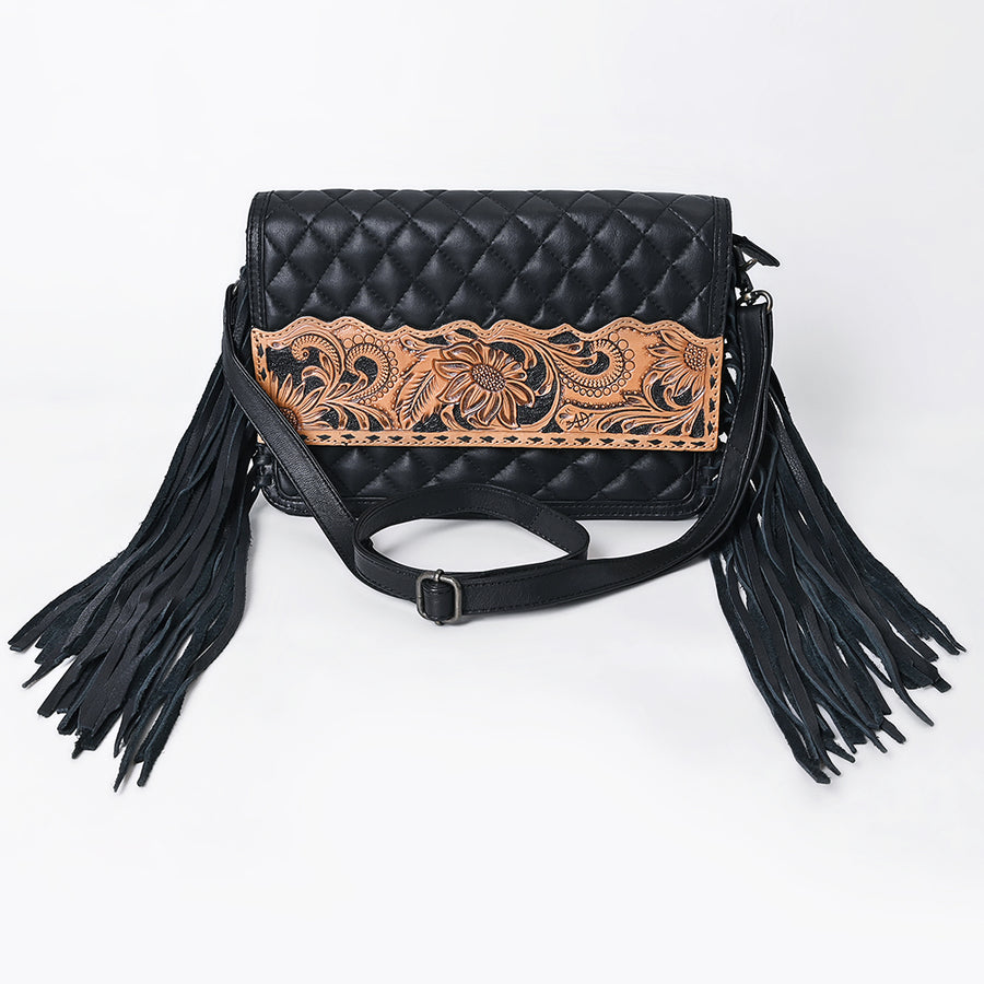 American Darling Handcrafted Western Leather Crossbody Bag - Fringes and Floral Hand-Tooled Panel - Genuine Leather
