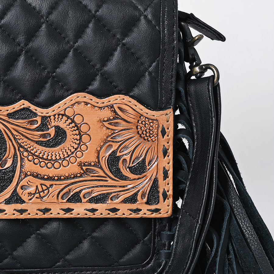 American Darling Handcrafted Western Leather Crossbody Bag - Fringes and Floral Hand-Tooled Panel - Genuine Leather