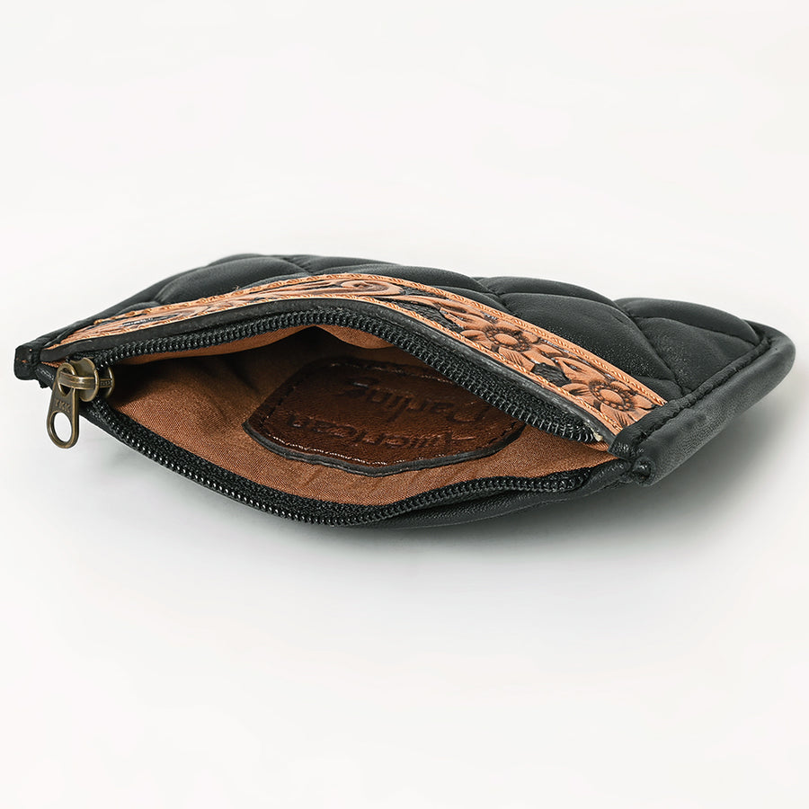 American Darling Genuine Leather Hand-Tooled Floral Quilted Coin Purse with YKK Zipper - 3.5in X 5in