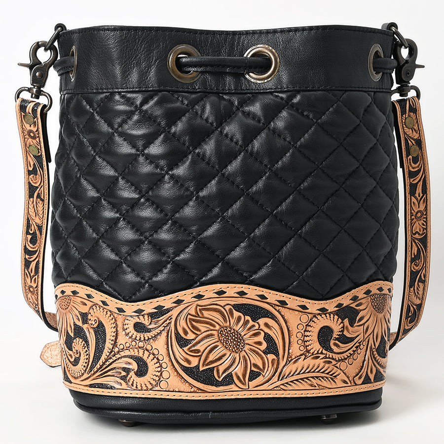 American Darling Genuine Leather Hand-Tooled Floral Quilted Bucket Bag with Tassels and YKK Zipper