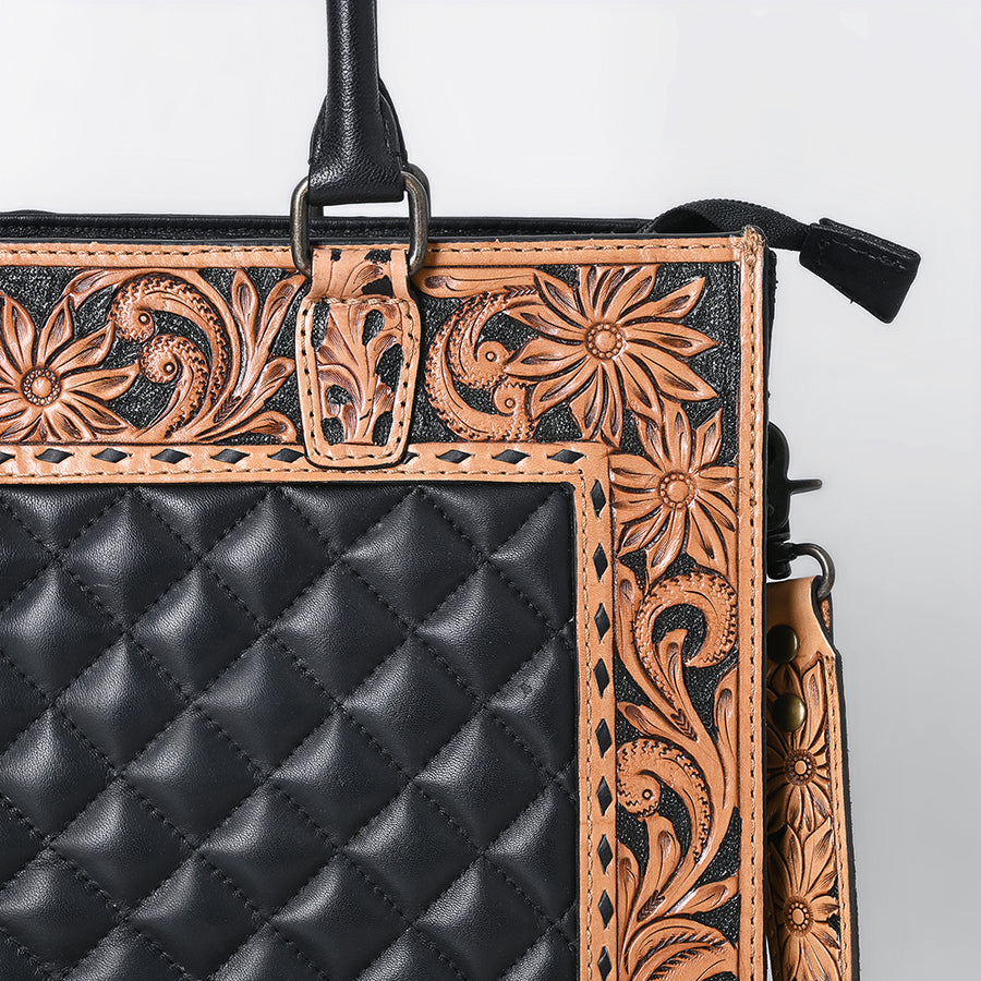 American Darling Genuine Leather Hand-Tooled Floral Quilted Tote Bag Shoulder Purse with YKK Zipper - 12in X 16in
