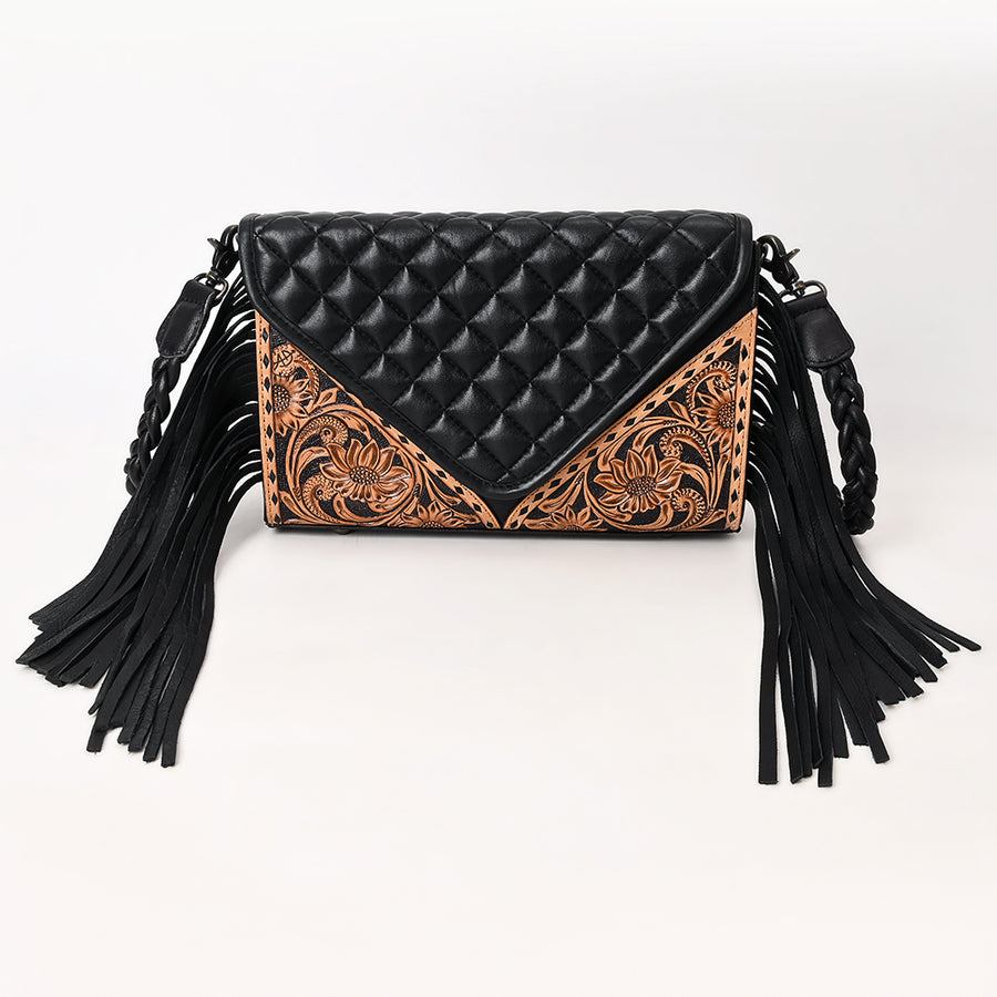 American Darling Hand-Tooled Floral Wallet Bag for Women - Genuine Leather with Fringe, Quilted & Buck Stitched Design