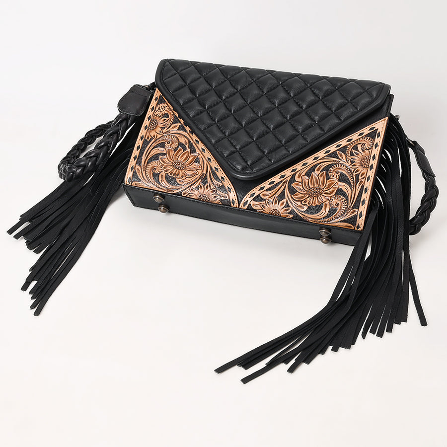 American Darling Hand-Tooled Floral Wallet Bag for Women - Genuine Leather with Fringe, Quilted & Buck Stitched Design
