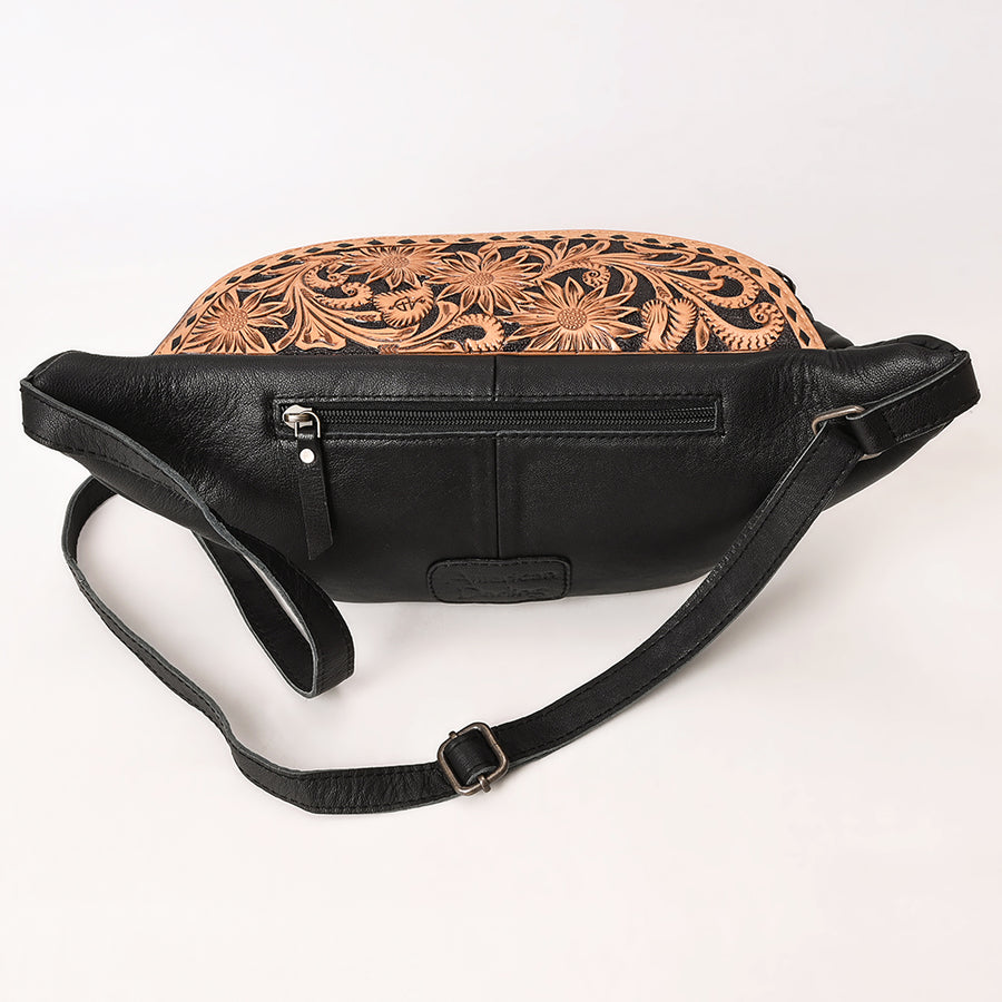 American Darling Western Fanny Pack Handcrafted from Quilted & Tooled Genuine Leather | Floral Carved Accent, Buckstitch & YKK Zipper