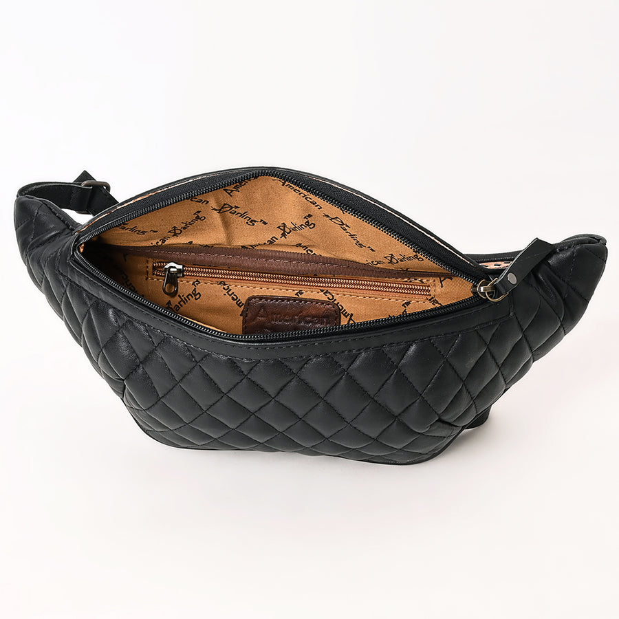 American Darling Western Fanny Pack Handcrafted from Quilted & Tooled Genuine Leather | Floral Carved Accent, Buckstitch & YKK Zipper