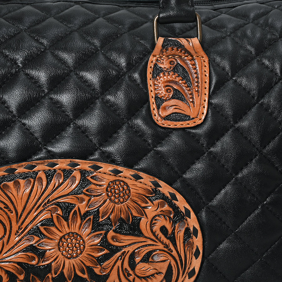 American Darling Western Speedy Bag Handcrafted Quilted & Hand-Tooled Genuine Leather | Floral Carved Accent, Buckstitch & YKK Zipper