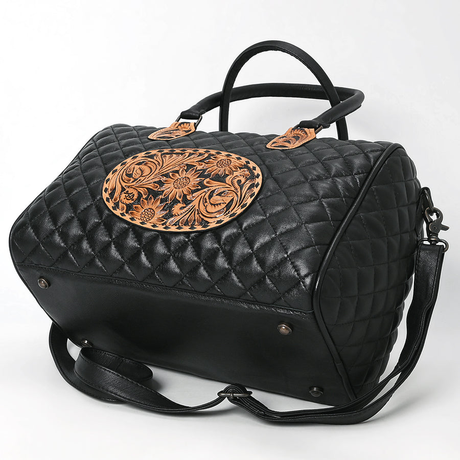 American Darling Western Speedy Bag Handcrafted Quilted & Hand-Tooled Genuine Leather | Floral Carved Accent, Buckstitch & YKK Zipper
