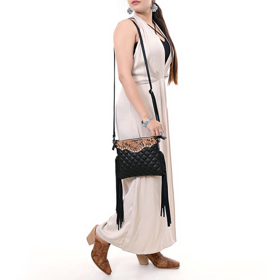 American Darling Western Black Cross Body Bag Handcrafted from Quilted & Tooled Genuine Leather | Full Fringe Accent, Flap Closure & YKK Zipper