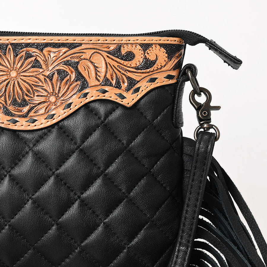 American Darling Western Black Cross Body Bag Handcrafted from Quilted & Tooled Genuine Leather | Full Fringe Accent, Flap Closure & YKK Zipper
