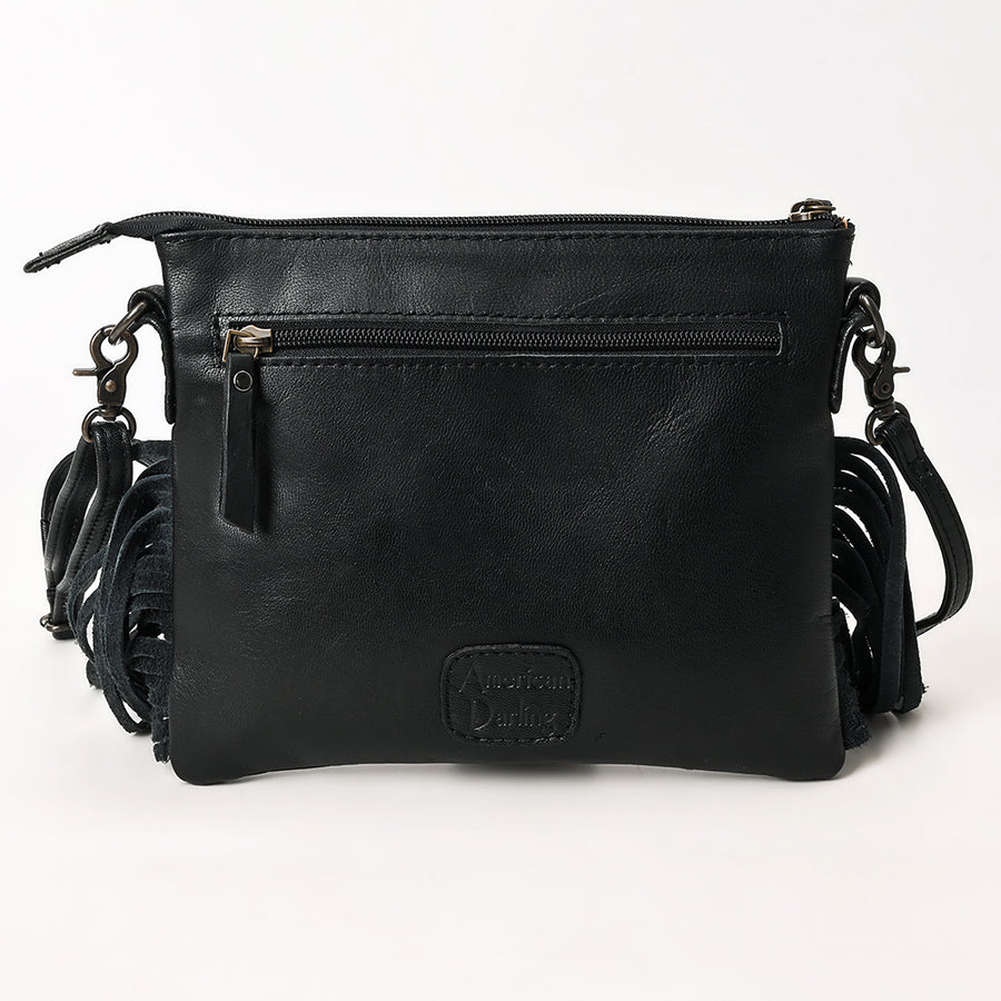 American Darling Western Black Cross Body Bag Handcrafted from Quilted & Tooled Genuine Leather | Full Fringe Accent, Flap Closure & YKK Zipper