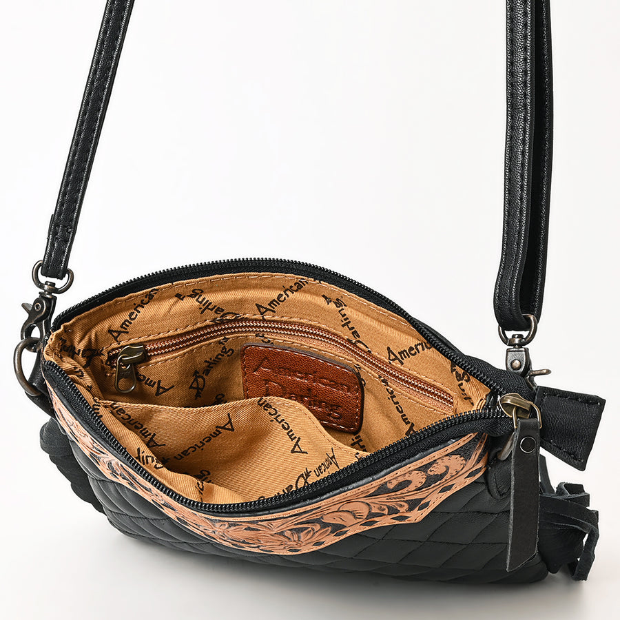 American Darling Western Black Cross Body Bag Handcrafted from Quilted & Tooled Genuine Leather | Full Fringe Accent, Flap Closure & YKK Zipper