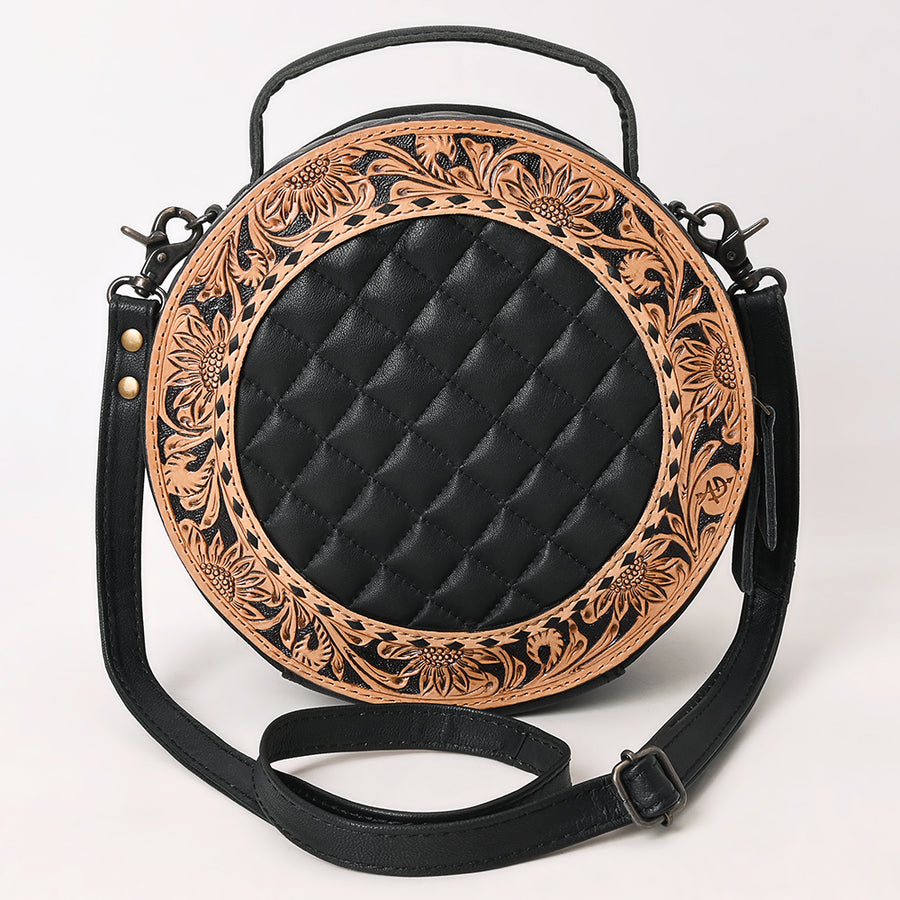 American Darling Black Western Round Canteen Bag Handcrafted from Quilted & Hand-Tooled Genuine Leather | Floral Carved Frame, Buckstitch & YKK Zipper