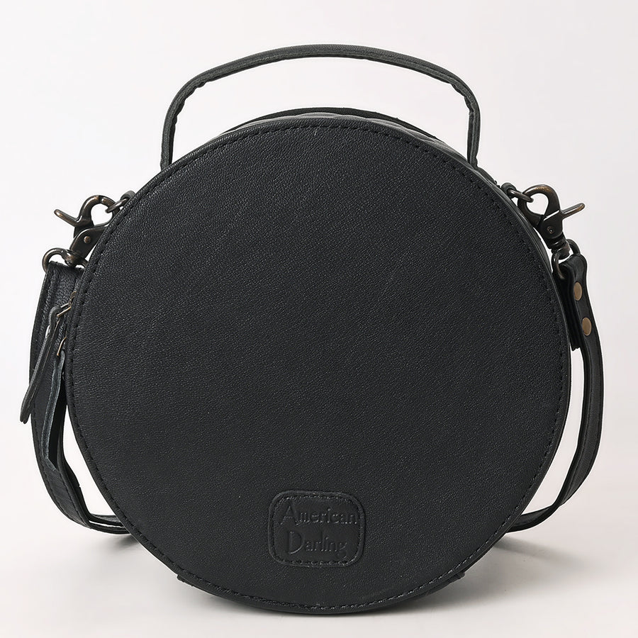 American Darling Black Western Round Canteen Bag Handcrafted from Quilted & Hand-Tooled Genuine Leather | Floral Carved Frame, Buckstitch & YKK Zipper