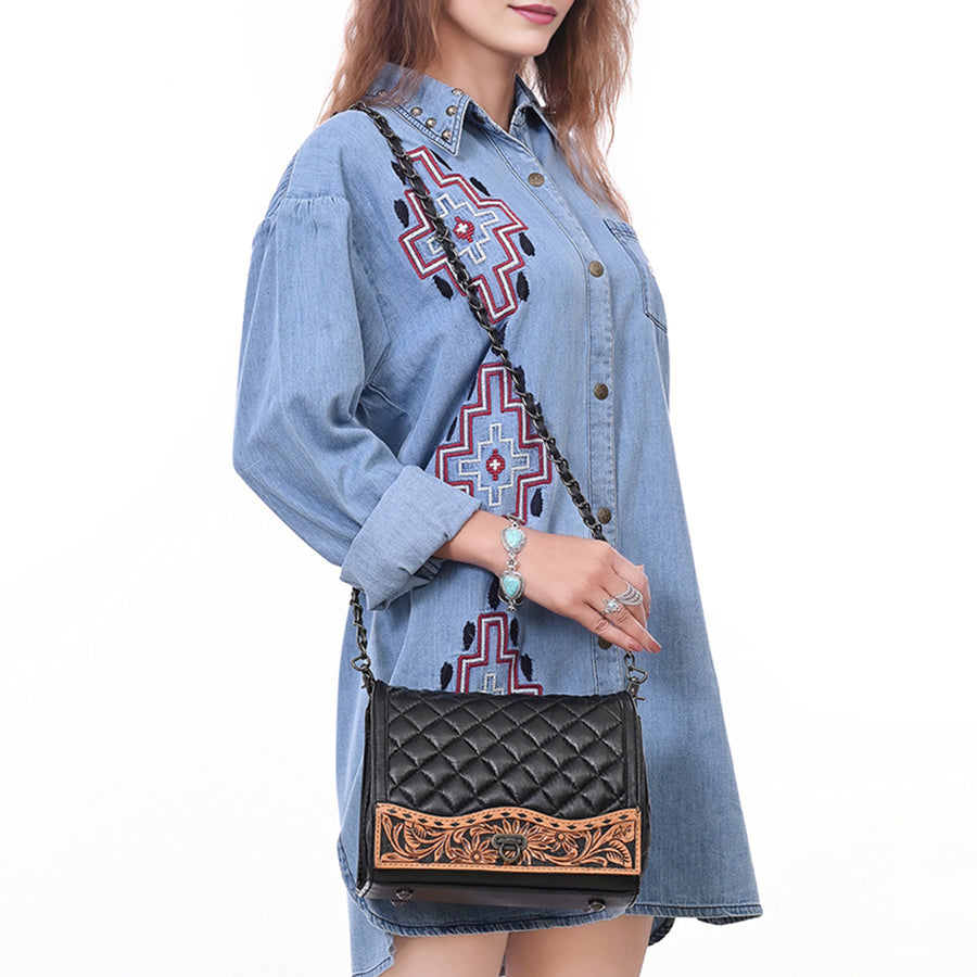 American Darling Western Cross Body Bag Handcrafted from Quilted & Hand-Tooled Genuine Leather | Floral Carved Accent, Chain Strap & Magnetic Closure