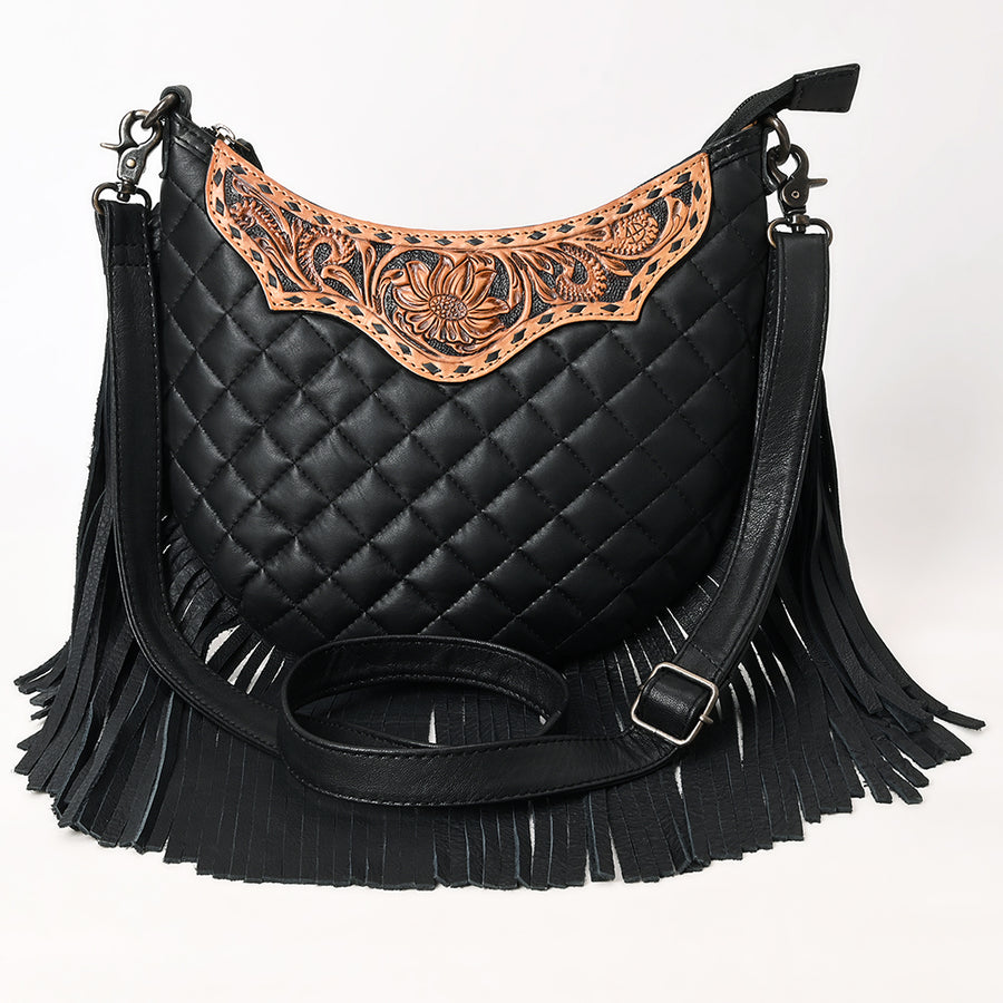 American Darling Large Western Cross Body Hobo Bag Handcrafted from Quilted & Hand-Tooled Genuine Leather | Full Fringe, Buckstitch & YKK Zipper