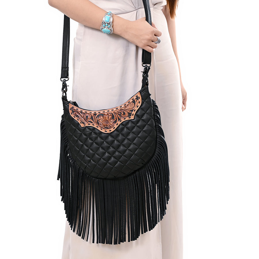 American Darling Large Western Cross Body Hobo Bag Handcrafted from Quilted & Hand-Tooled Genuine Leather | Full Fringe, Buckstitch & YKK Zipper