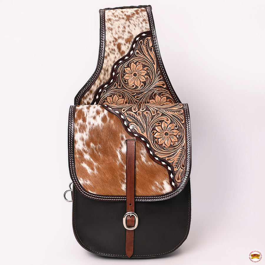 Hilason Western Horse Floral Genuine Hair-On Leather Saddle Bag Brown Heavy duty Traditional Trail Ride | Equestrian Western Adjustable Closure