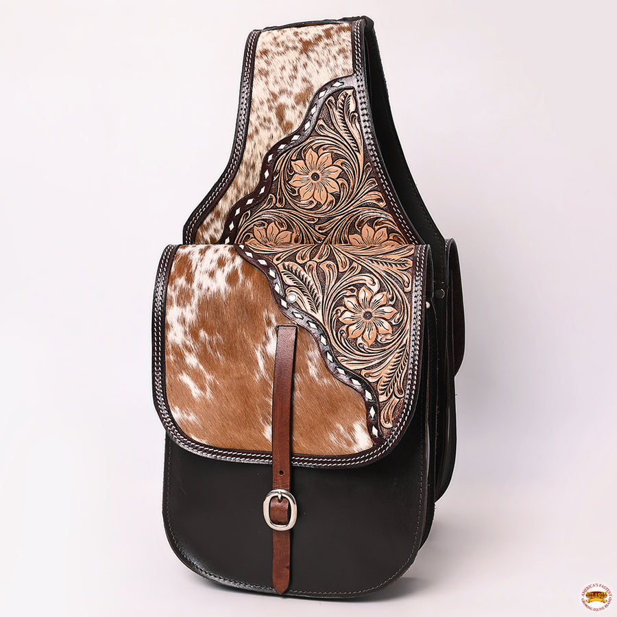 Hilason Western Horse Floral Genuine Hair-On Leather Saddle Bag Brown Heavy duty Traditional Trail Ride | Equestrian Western Adjustable Closure
