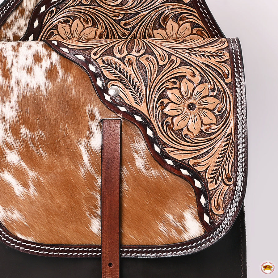 Hilason Western Horse Floral Genuine Hair-On Leather Saddle Bag Brown Heavy duty Traditional Trail Ride | Equestrian Western Adjustable Closure