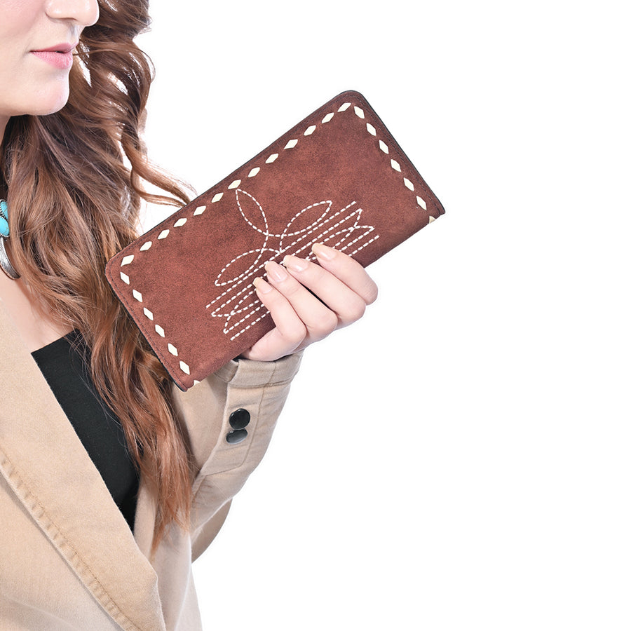 American Darling Western Black Clutch Bag Handcrafted from Genuine Suede Leather | Boot Stitched Design, Buckstitch Trim & Multi-Compartment Interior