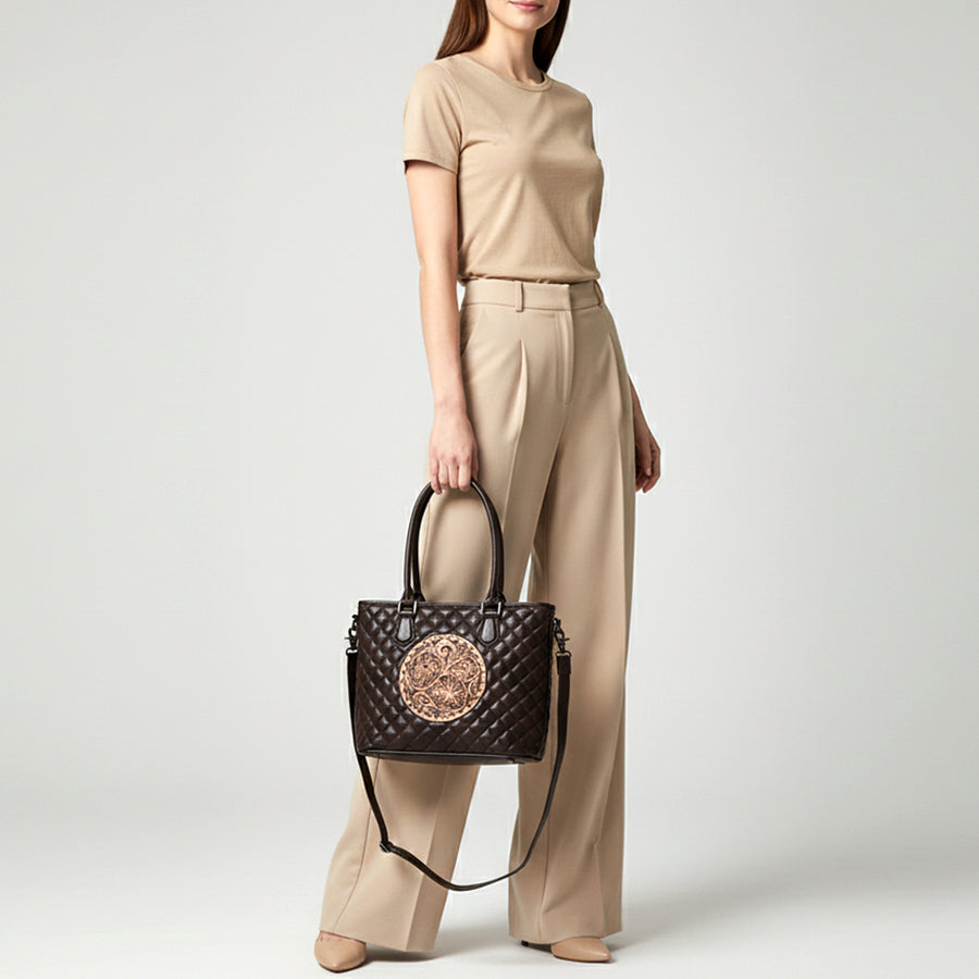 American Darling Western Tote Bag Handcrafted from Quilted & Hand-Tooled Genuine Leather | Floral Carved Accent, Buckstitch & YKK Zipper