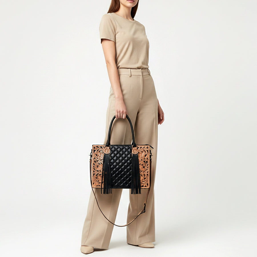 American Darling Western Tote Bag Handcrafted from Hand-Tooled Quilted Genuine Leather | Full Fringe & YKK Zipper