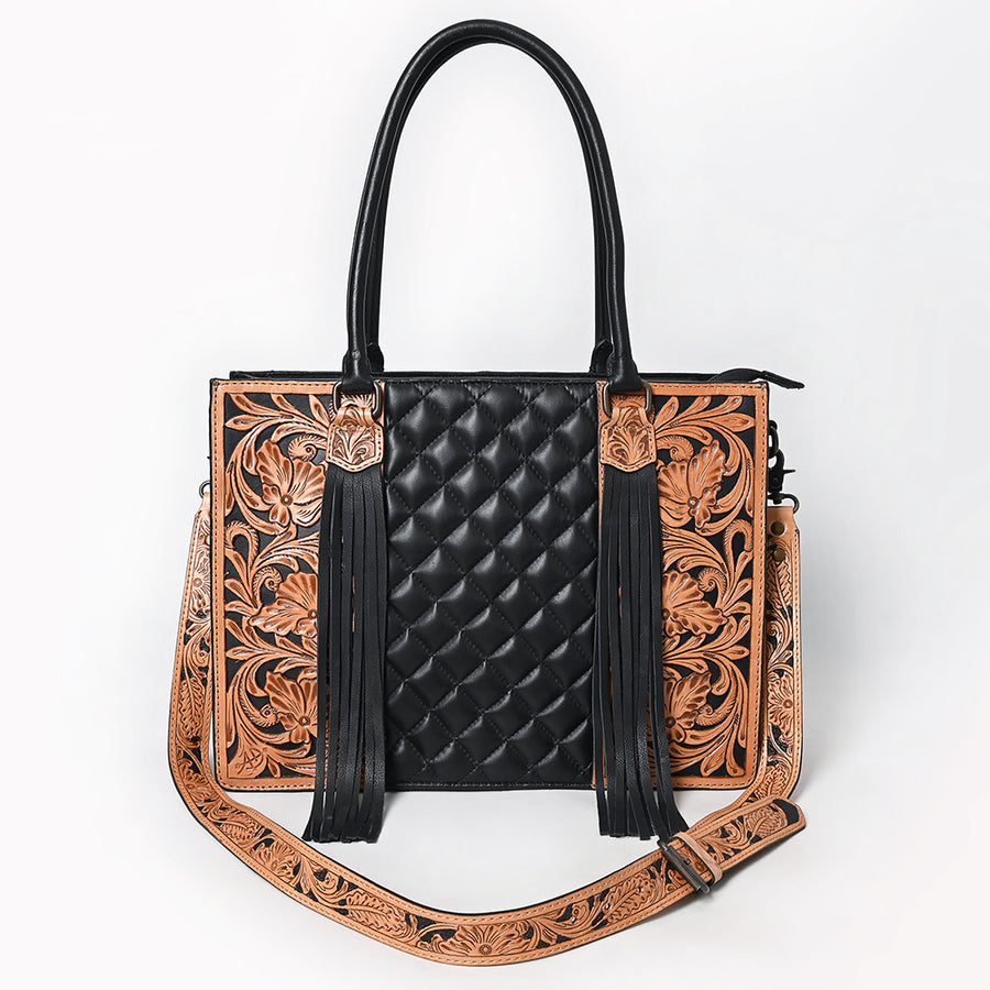 American Darling Western Tote Bag Handcrafted from Hand-Tooled Quilted Genuine Leather | Full Fringe & YKK Zipper