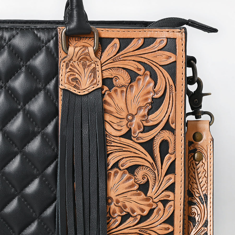 American Darling Western Tote Bag Handcrafted from Hand-Tooled Quilted Genuine Leather | Full Fringe & YKK Zipper