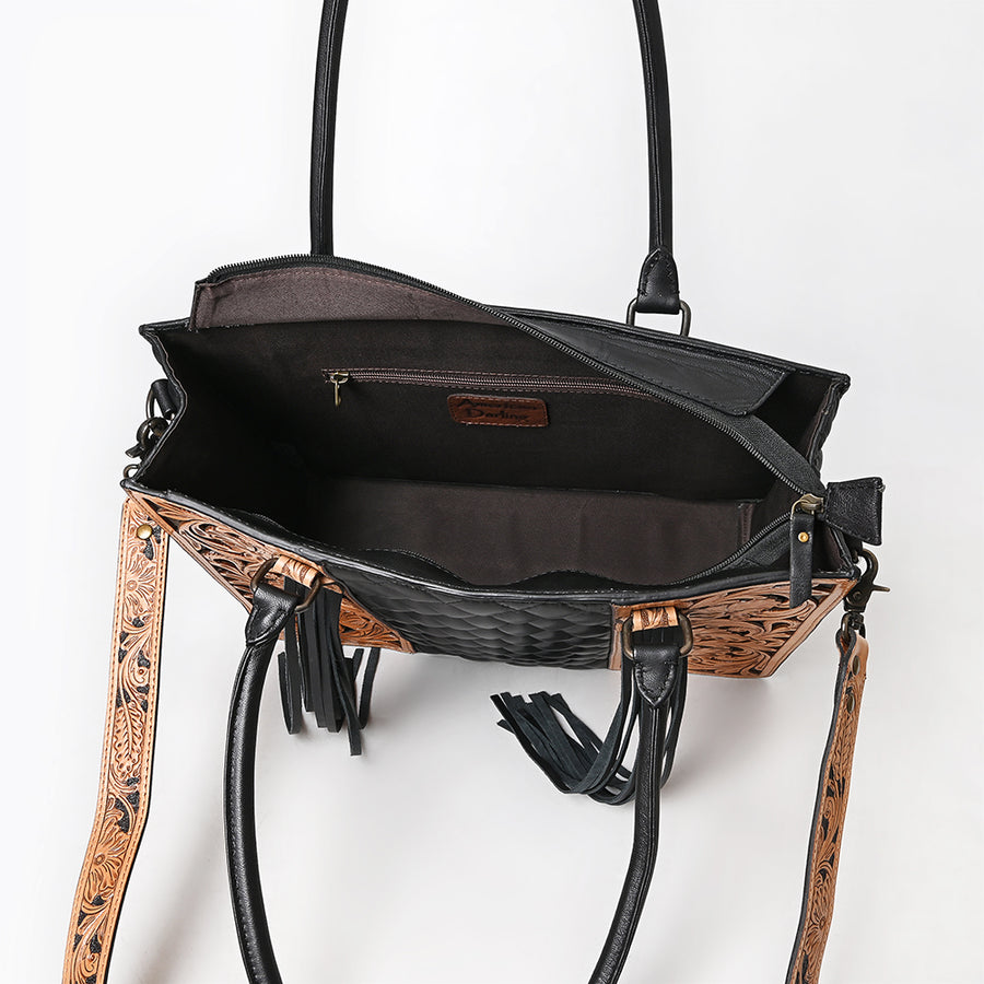 American Darling Western Tote Bag Handcrafted from Hand-Tooled Quilted Genuine Leather | Full Fringe & YKK Zipper