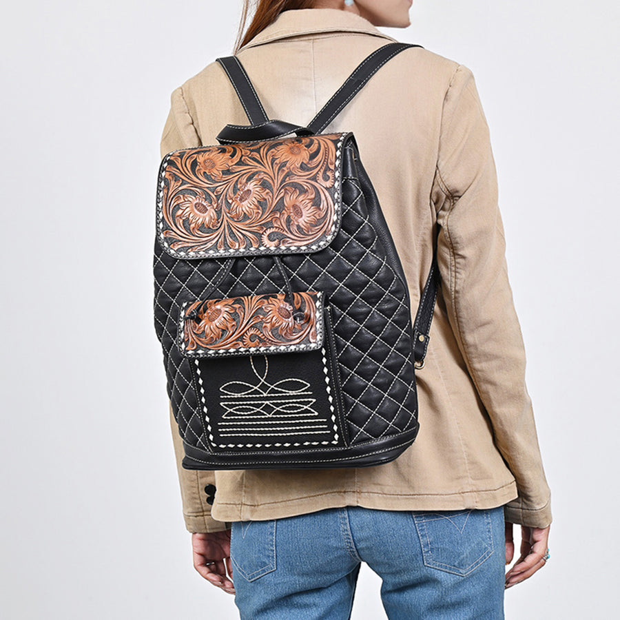 American Darling Women's Hand Tooled Floral Carved Quilted Genuine Leather Backpack Western Eco-Friendly Full Grain Bag