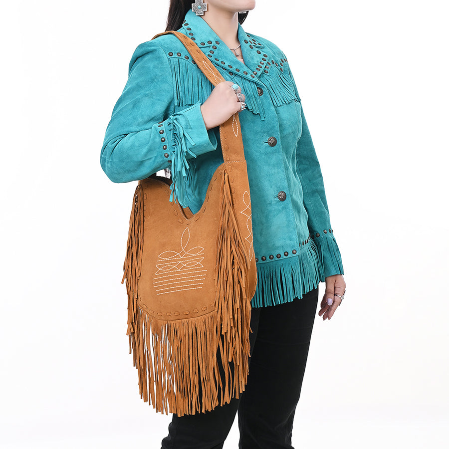 American Darling Women's Fringe Boot Stitched Genuine Leather Large Cross body Bag Eco-Friendly Full Grain Western Purse