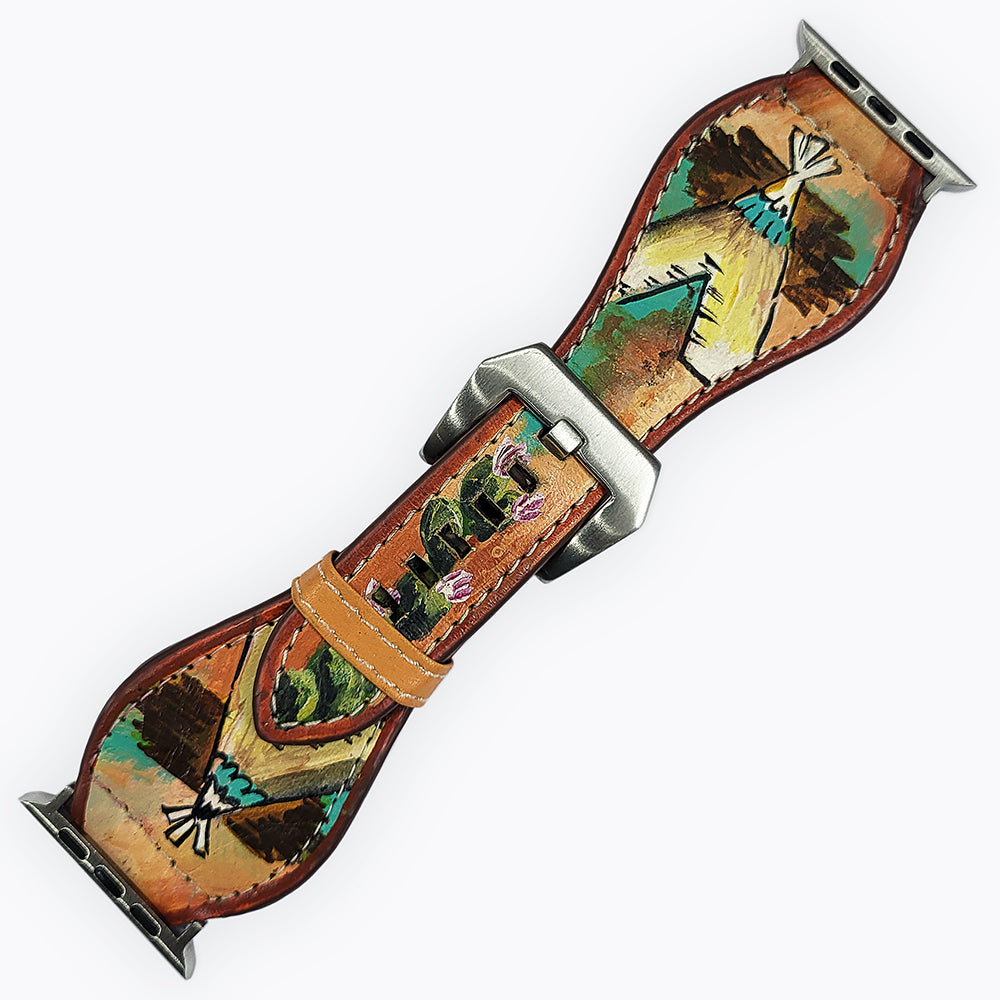 American Darling Hand Tooled I watch Strap Genuine Leather With Beautiful Cactus Hand Painted Smart Watch Strap