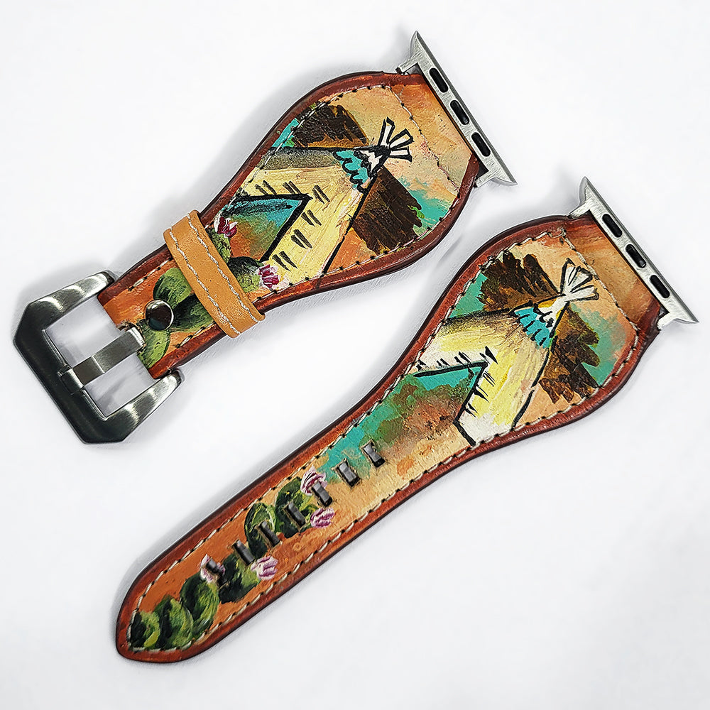 American Darling Hand Tooled I watch Strap Genuine Leather With Beautiful Cactus Hand Painted Smart Watch Strap