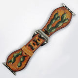 American Darling Hand Tooled I watch Strap Genuine Leather With Beautiful Cactus Hand Painted Smart Watch Strap