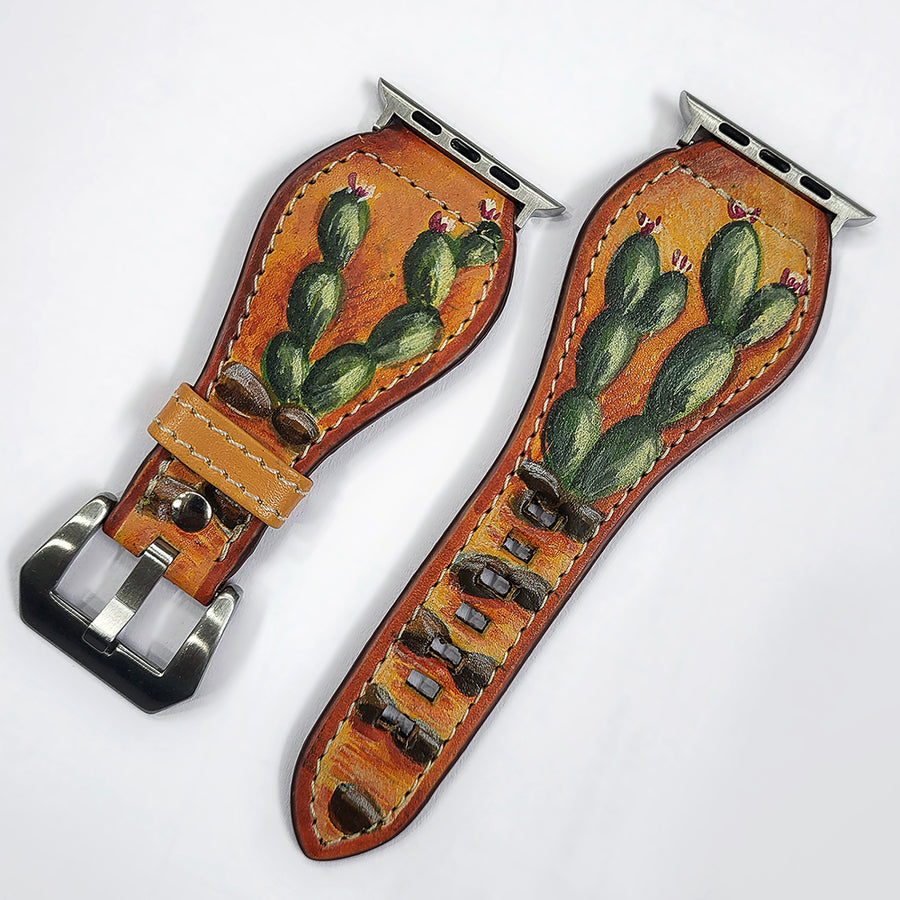 American Darling Hand Painted Leather I watch Strap - Western Prickly Pear Series - Uhorse