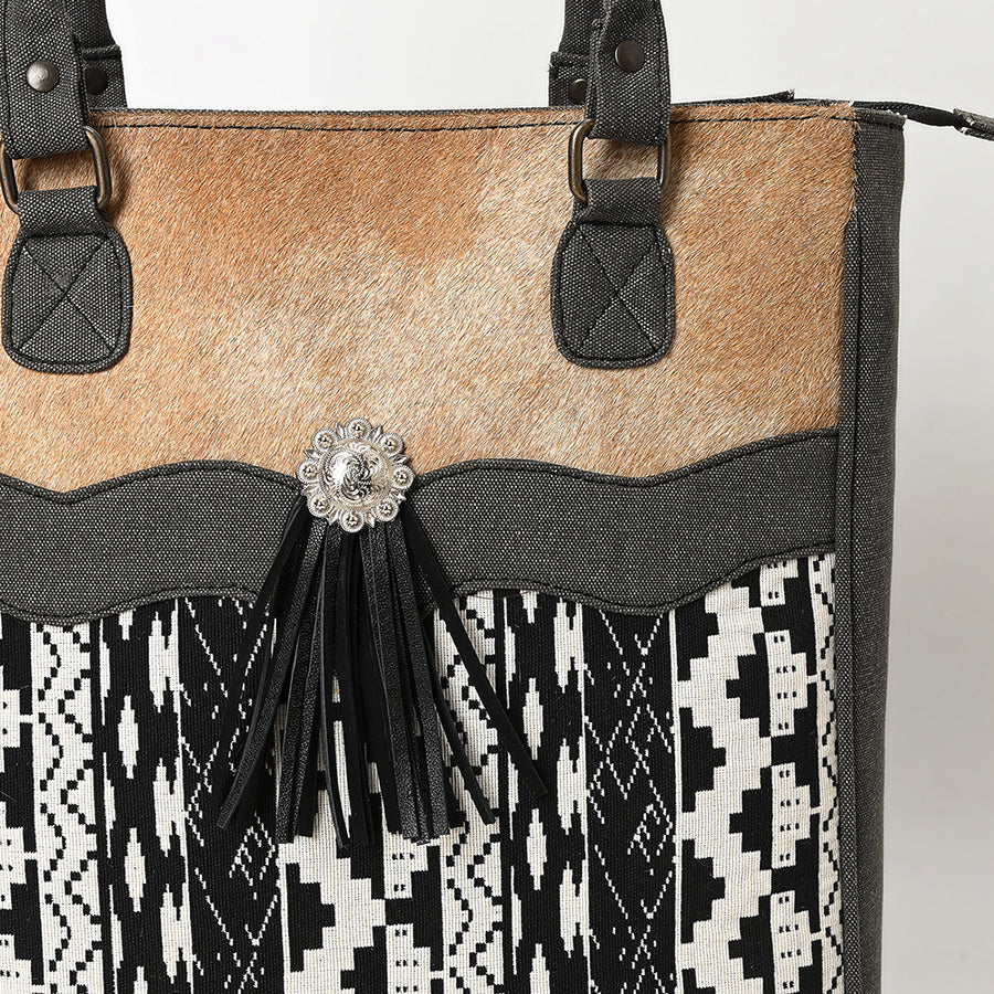 OHLAY Tote Upcycled Canvas Hair On Genuine Leather Women Bag Western Handbag Purse