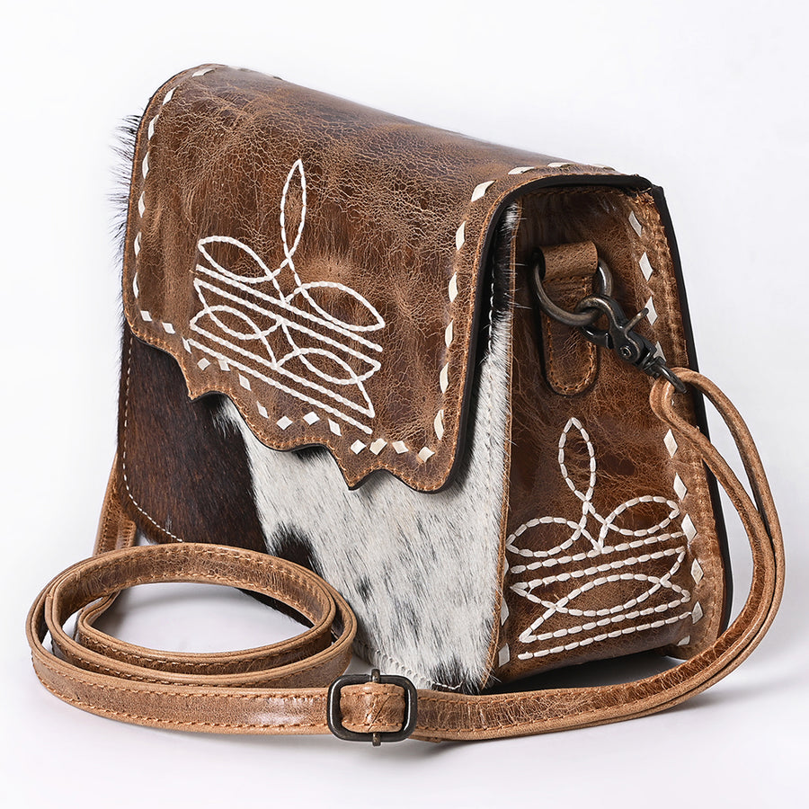 American Darling Small Western Cross Body Bag Handcrafted from Hair-On Cowhide & Genuine Leather | Boot Stitched Flap, Buckstitch & YKK Zipper