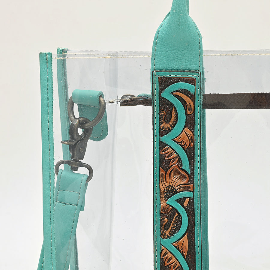 American Darling Clear Stadium Tote Bag with Hand Tooled Genuine Leather Trim | Floral Carved Straps & Top YKK Zipper Closure
