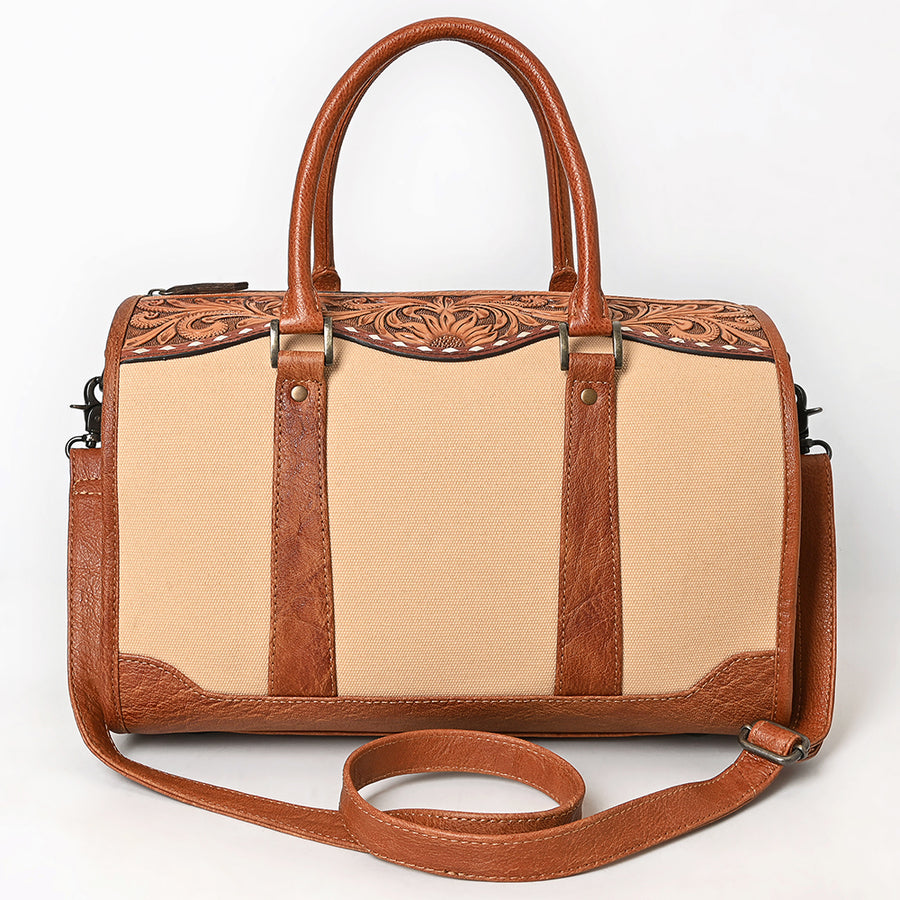 American Darling Western Duffel Bag Handcrafted from Genuine Leather & Canvas | Floral Tooled Trim, Buckstitch Detail & YKK Zipper