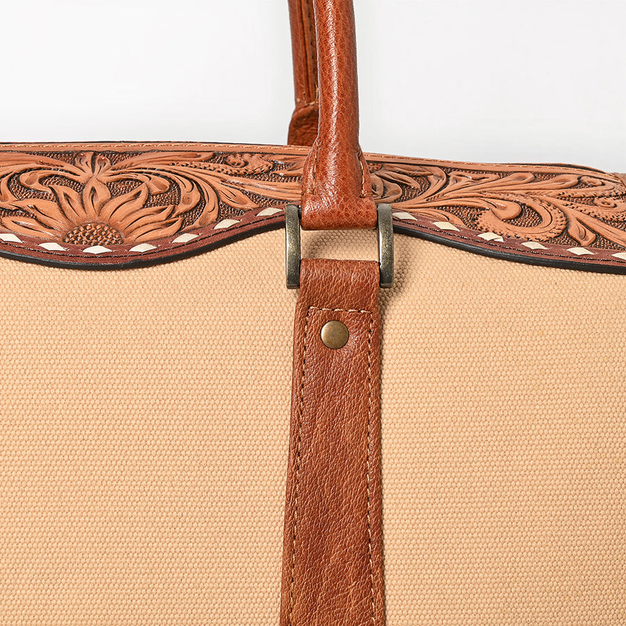 American Darling Western Duffel Bag Handcrafted from Genuine Leather & Canvas | Floral Tooled Trim, Buckstitch Detail & YKK Zipper