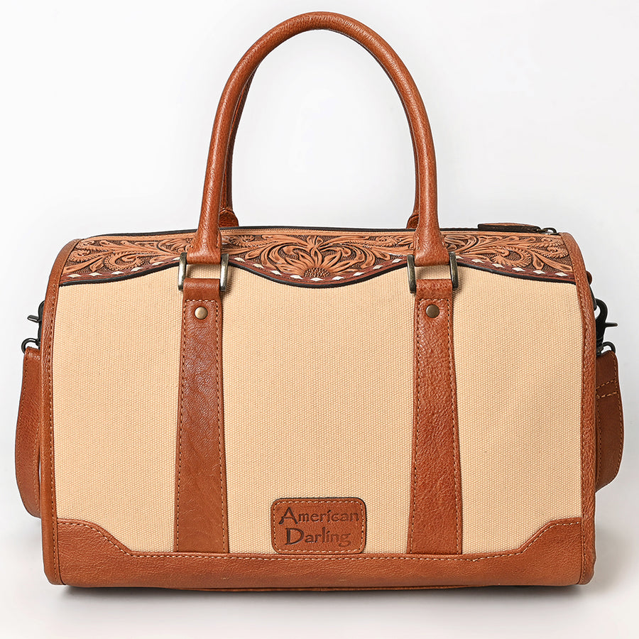 American Darling Western Duffel Bag Handcrafted from Genuine Leather & Canvas | Floral Tooled Trim, Buckstitch Detail & YKK Zipper