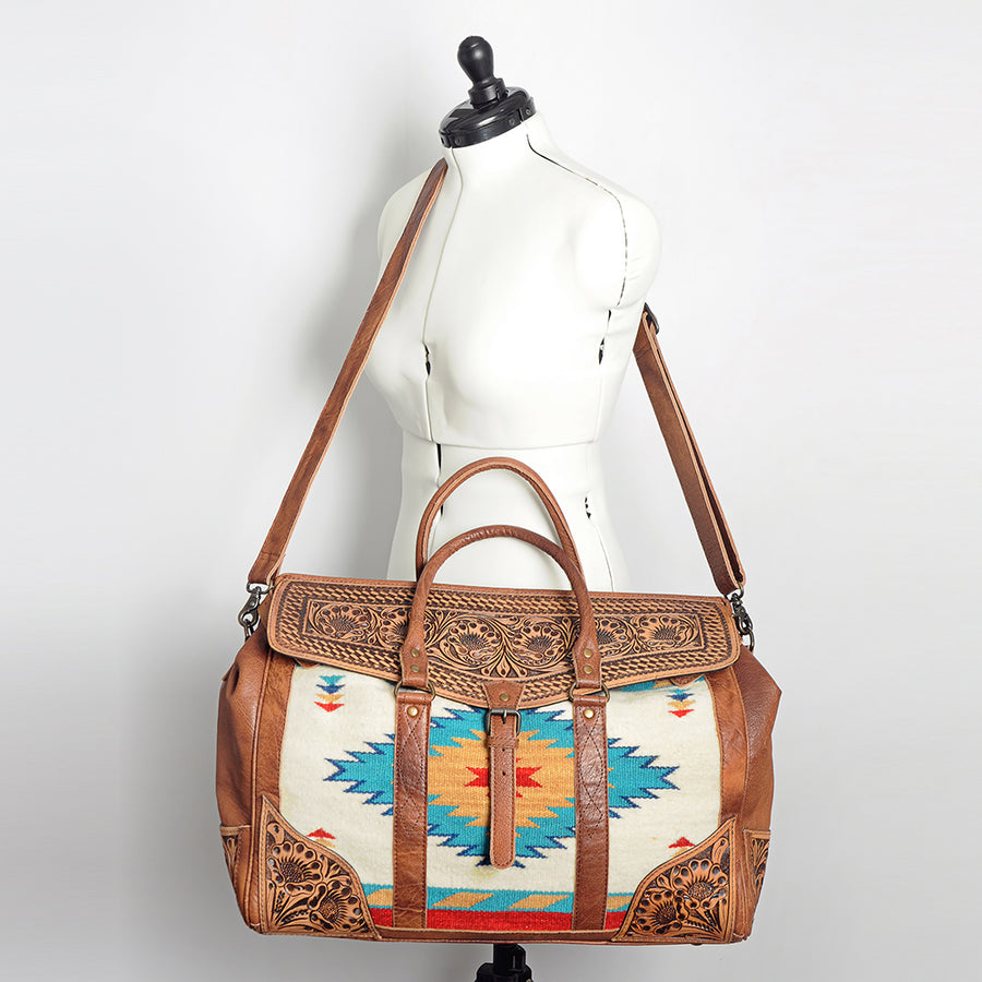 American Darling Duffel Saddle Blanket Hand Tooled Genuine Leather Western Women Bag | Handbag Duffel Weekend Travel Bags for